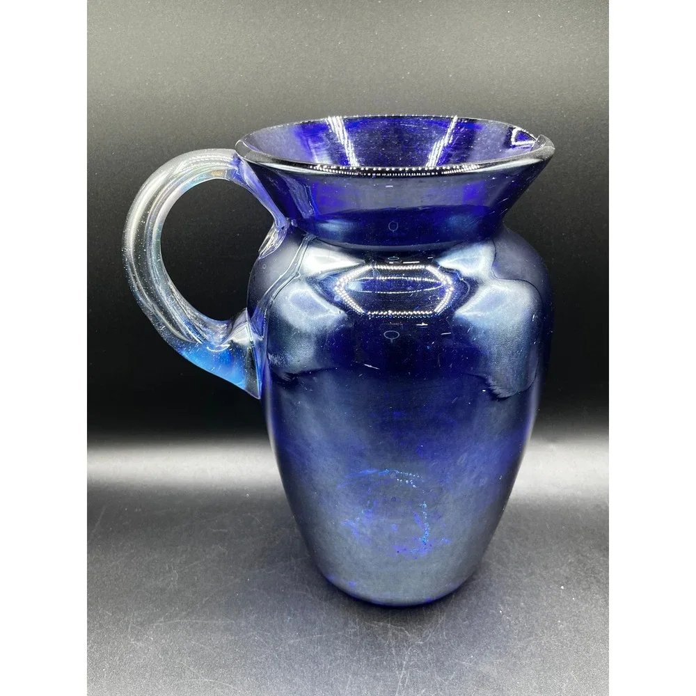 Vtg Cobalt Blue Hand Blown Glass Pitcher Clear Handle 9.25